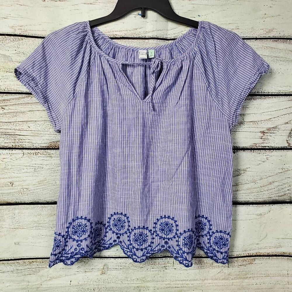 Susina Small Blue White Stripe SS Blouse Tie Neck